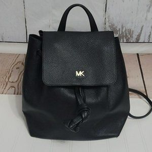 Michael Kors Junie Flap Pebbled Leather Drawstring Backpack Bag Black